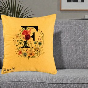 Cadou Personalizat - Perna Personalizata Monogram Litera F cu Flori Acuarela, 40x40 cm, Galben, Husa Detasabila, Perna Inclusa, BEKZ®