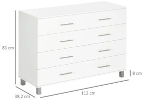 HOMCOM Comodă cu 4 Sertare, Picioare și Mânere din Aliaj, 112x38,2x81 cm, Alb | Aosom Romania