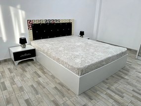 Set pat tapitat Palermo, culoare alb / negru, cu 2 noptiere Viena si saltea superortopedica lux 160 x 200 cm