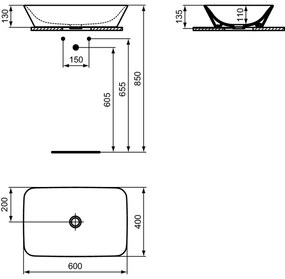 Lavoar pe blat alb lucios 60 cm, dreptunghiular, fara preaplin, Ideal Standard Connect Air Dreptunghiulara