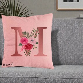 Cadou Personalizat - Perna Personalizata Monograma Rose Gold Litera M cu Trandafiri, 40x40 cm, Roz, Husa Detasabila, Perna Inclusa, BEKZ®
