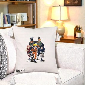 Perna Personalizata Naruto Echipa 7 Kakashi Sensei, 40x40 cm, Bej cu Franjuri, Husa Detasabila, Perna Inclusa, BEKZ®