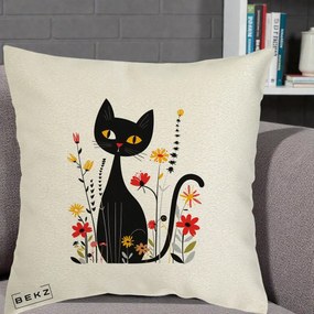 Perna Decorativa Pisica Neagra Ochi Galbeni Flori, 40x40 cm, Ecru, Husa Detasabila, Perna Inclusa, BEKZ®