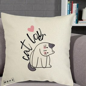 Perna Personalizata Cat Lover Pisica Ilustratie Linie, 40x40 cm, Ecru, Husa Detasabila, Perna Inclusa, BEKZ®
