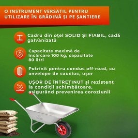 Roabă LARRY zincată, capacitate max. 80l/100kg, argintiu/negru Gardebruk