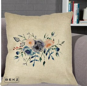 Perna Decorativa Buchet Flori Albastre Acuarela, 40x40 cm, Crem, Husa Detasabila, Perna Inclusa, BEKZ®