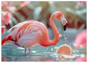 Tablou pe sticlă - Flamingo în iaz (70x50 cm)