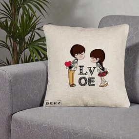 Cadou Romantic - Perna Personalizata Cuplu Kawaii LOVE, 40x40 cm, Bej Canapea, Husa Detasabila, Perna Inclusa, BEKZ®