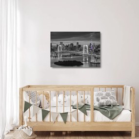 Tablou pe sticlă - Orașul mare cu turnul mov (70x50 cm)