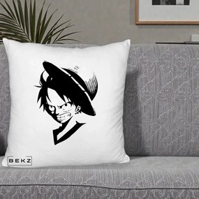 Perna Personalizata One Piece Luffy Silueta Alb-Negru, 40x40 cm, Alb Pufos, Husa Detasabila, Perna Inclusa, BEKZ®
