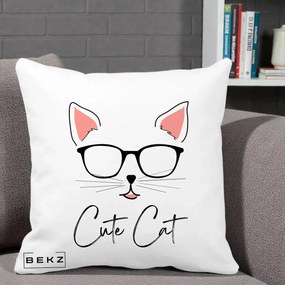 Perna Personalizata Cute Cat cu Ochelari, 40x40 cm, Alba Mata, Husa Detasabila, Perna Inclusa, BEKZ®