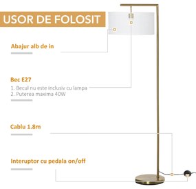 Lampa de podea moderna HOMCOM din metal si cu abajur din material textil, lampa de lectura E27 dimensiune 47x37x153 cm, culoare auriu si alb