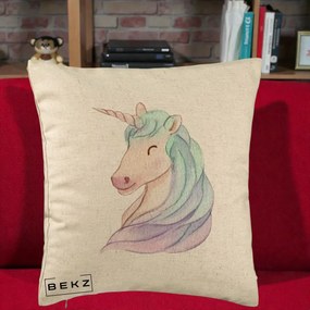 Perna Decorativa Unicorn Acuarela Pastel, 40x40 cm, Bej, Husa Detasabila, Perna Inclusa, BEKZ®