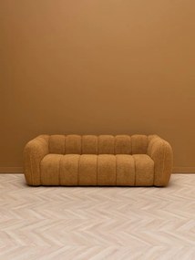 Canapea 3 locuri din catifea muștar, cu textură în relief, picioare din lemn masiv, aspect retro, 69×220×102 cm, „Biskit"