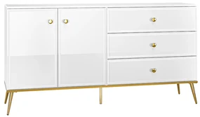 Comoda de lux, alb mdf alb lucios auriu, 3 sertare si 2 usi, inchidere silentioasa usi -sertare, 160 cm lungime, canturi abs, usi si sertare cu
