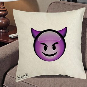 Perna Decorativa Emoji Diavol Mov, 40x40 cm, Ecru, Husa Detasabila, Perna Inclusa, BEKZ®