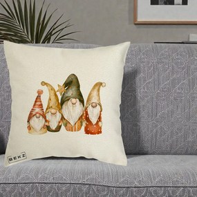 Perna Decorativa Gnomi de Craciun Patru, 40x40 cm, Ecru, Husa Detasabila, Perna Inclusa, BEKZ®