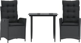 vidaXL Set mobilier de grădină cu perne, 3 piese, negru, poliratan