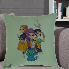 Perna Personalizata K-pop HUNTRX Trio cu Pisica si Cristale, 40x40 cm, Verde, Husa Detasabila, Perna Inclusa, BEKZ®