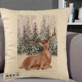 Perna Decorativa Ren in Padure Roz Moale, 40x40 cm, Bej, Husa Detasabila, Perna Inclusa, BEKZ®