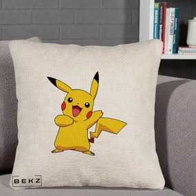 Perna Personalizata Pikachu Fericit, 40x40 cm, Bej Canapea, Husa Detasabila, Perna Inclusa, BEKZ®