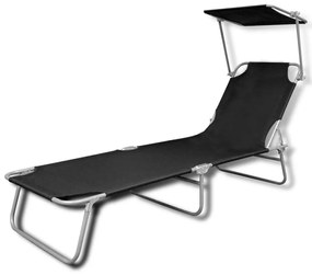 41197 vidaXL Șezlong de plajă pliabil cu baldachin negru metal & țesătură