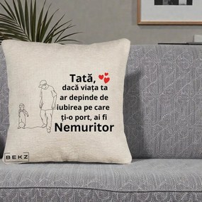 Cadou pentru Tata - Perna Personalizata Tata Nemuritor Joaca cu Mingea, 40x40 cm, Bej Canapea, Husa Detasabila, Perna Inclusa, BEKZ®