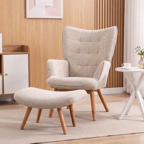 HOMCOM Fotoliu cu Taburet pentru Cameră sau Living din Catifea cu Model Crestat , Spătar Înalt și Brațe, 72x80x101 cm, Bej | Aosom Romania