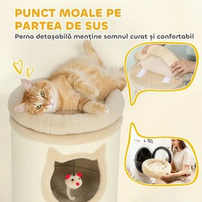 PawHut Turn de zgâriet pentru pisici de 96 cm înălțime, cu 3 căsuțe și un culcuș superior detașabil și lavabil, crem | Aosom Romania