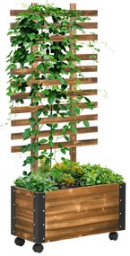 Outsunny Jardiniera cu Spalier pentru Plante Agatatoare si Roti, Jardiniera din Lemn de Brad cu Design Autodrenant, 65x31x147 cm, Maro Carbonizat