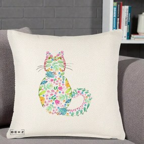 Perna Decorativa Pisica Florala Acuarela, 40x40 cm, Crem Reliefat, Husa Detasabila, Perna Inclusa, BEKZ®