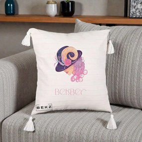 Perna Personalizata Zodie Berbec, 40x40 cm, Bej cu Franjuri, Husa Detasabila, Perna Inclusa, BEKZ®