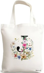 Sacosa de Panza pentru Cumparaturi, Geanta Tote, Cu litera J in Coronita Florala, 38x34.5 cm, Alba, BEKZ®