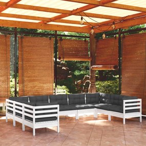 3097320 vidaXL Set mobilier de grădină cu perne, 9 piese, alb, lemn masiv pin