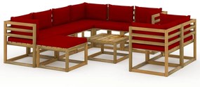 Set mobilier de gradina, 10 piese, cu perne rosu vin Bordo, 5x colt + 3x mijloc + suport pentru picioare + masa, 1