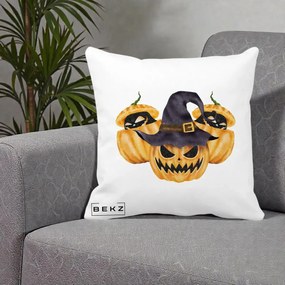 Perna Decorativa Trio Dovleci Jack-o-Lantern cu Palarie Vrajitoare, 40x40 cm, Alba Mata, Husa Detasabila, Perna Inclusa, BEKZ®