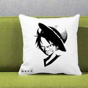 Perna Personalizata One Piece Luffy Silueta Alb-Negru, 40x40 cm, Alba Mata, Husa Detasabila, Perna Inclusa, BEKZ®