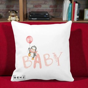 Perna Personalizata Baby Pinguin Roz, 40x40 cm, Alba Mata, Husa Detasabila, Perna Inclusa, BEKZ®