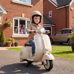 AIYAPLAY Motocicletă Electrică pentru Copii 3+ Ani, Licență VESPA, 6V, cu Roți Ajutătoare Detașabile, Max. 30 kg, Alb | Aosom Romania
