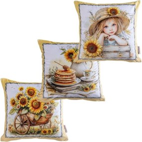 decoDoma Set de 3 fețe pernuțe SUNFLOWERS 45 x 45 cm