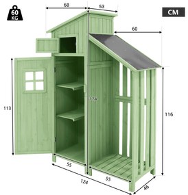 Dulap de grădină cu 2 rafturi, magazie de unelte cu spațiu mare de depozitare, 124 × 46 × 174 cm, Verde