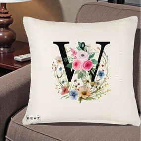Cadou Personalizat - Perna Personalizata Monograma Florala Litera W, 40x40 cm, Crem Reliefat, Husa Detasabila, Perna Inclusa, BEKZ®