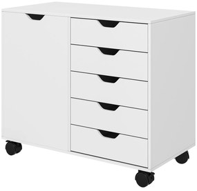 HOMCOM Mobila de depozitare pentru birou 5 sertare 1 usa raft ajustabil, suport imprimanta cu rotile, 78x40x66,5 cm, alb | Aosom Romania