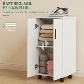 HOMCOM Mobilier pentru Masa de Călcat Pliabil cu Roți, Raft Reglabil și Închidere Soft Close, din Lemn și Material Textil, 128x43x83 cm, Alb | Aosom Romania