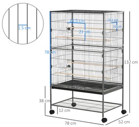 Cusca papagali de Interior din Otel si Lemn cu Tavă Detasabila, 4 Roți, Recipient pentru Alimente 78x52x132cm, Gri Inchis PawHut | Aosom Romania