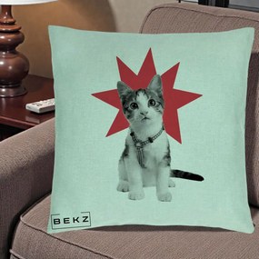 Perna Decorativa Pisica Star Pop Art, 40x40 cm, Verde Menta, Husa Detasabila, Perna Inclusa, BEKZ®