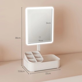 HOMCOM Oglindă Machiaj cu LED-uri, Oglindă Vanity Reîncărcabilă cu Ecran Touch, 2 Moduri de Iluminare și Rotire 180°, Alb | Aosom Romania