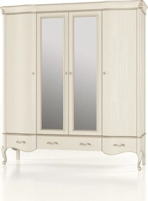 Dulap lemn masiv Celisea 4 Uși 4 Sertare cu Oglindă, 200 × 63 × 220 cm - Ivoire