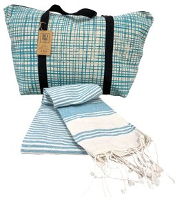 Set elegant geanta de plaja + prosop HAMAM 75 x 150 cm, turcoaz