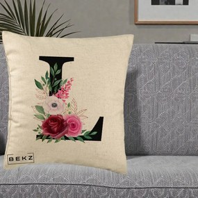 Cadou Personalizat - Perna Personalizata Monograma Florala Litera L, 40x40 cm, Bej, Husa Detasabila, Perna Inclusa, BEKZ®
